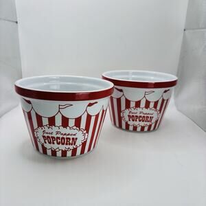 Set of 2 Everybody Loves Circus Popcorn Handcrafted Ceramic Bowls Red And White